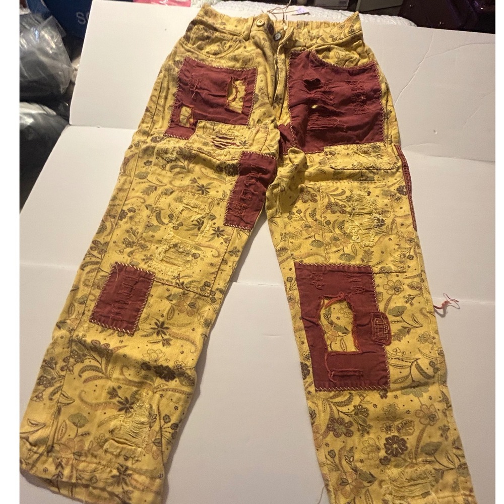 Blue Velvet Floral Tapestry Patchwork Distressed Pants Yellow Burgundy S/M